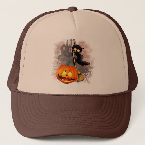 Cat Scared by Pumpkin Fun Halloween Character Trucker Hat