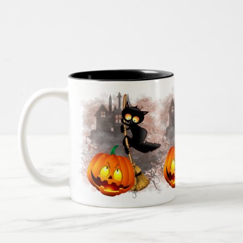 Cat Scared by Pumpkin Fun Halloween Character Two_Tone Coffee Mug