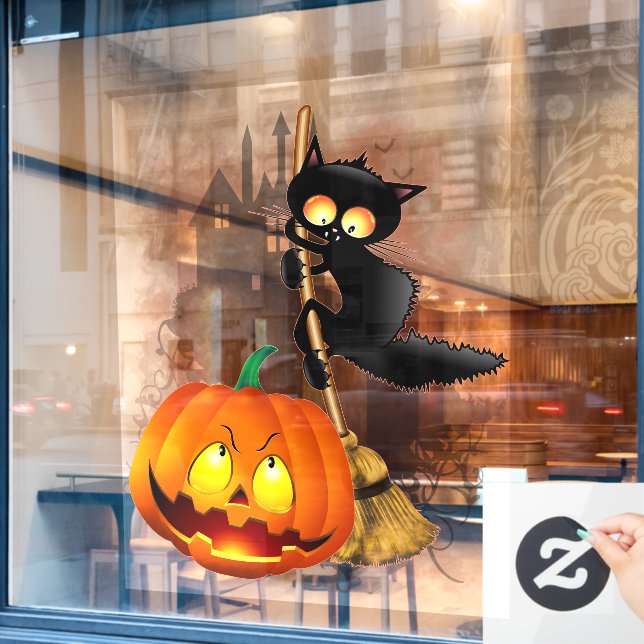 Cat Scared by Pumpkin Fun Halloween Character Window Cling (Cafe Window)