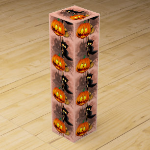 Cat Scared by Pumpkin Fun Halloween Character Wine Box