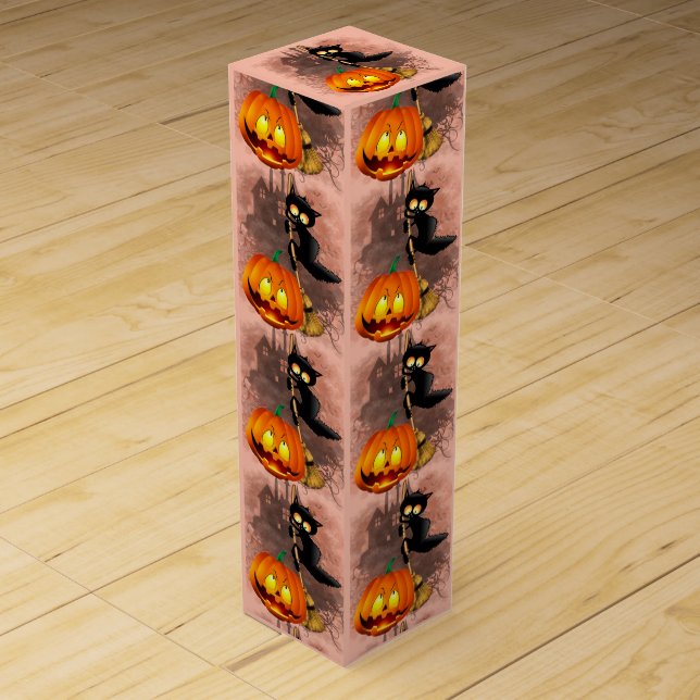 Cat Scared by Pumpkin Fun Halloween Character Wine Box (Front)