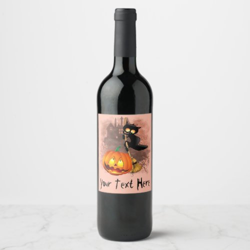 Cat Scared by Pumpkin Fun Halloween Character Wine Label