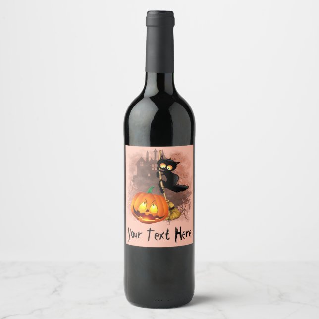 Cat Scared by Pumpkin Fun Halloween Character Wine Label (Front)