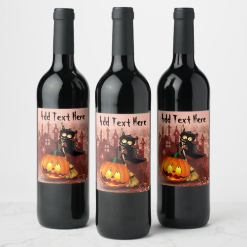 Cat Scared by Pumpkin Fun Halloween Character Wine Label