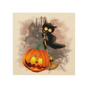 Cat Scared by Pumpkin Fun Halloween Character Wood Wall Art