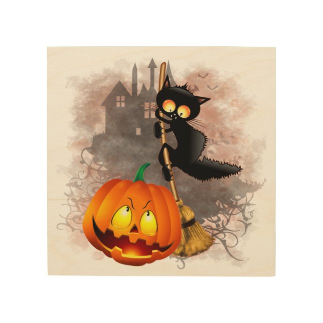 Cat Scared by Pumpkin Fun Halloween Character Wood Wall Art (Front)