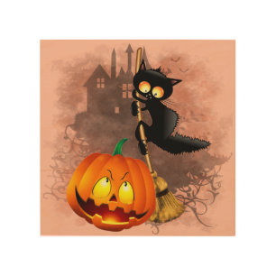 Cat Scared by Pumpkin Fun Halloween Character Wood Wall Art
