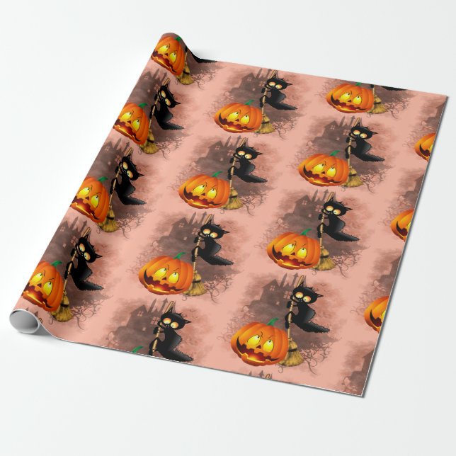 Cat Scared by Pumpkin Fun Halloween Character Wrapping Paper (Unrolled)