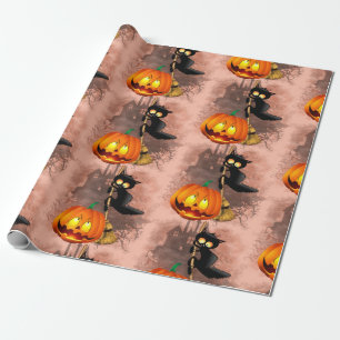 Cat Scared by Pumpkin Fun Halloween Character Wrapping Paper