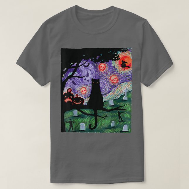 Cat, Scary Night Cat, Van Gogh, Halloween  T-Shirt (Design Front)