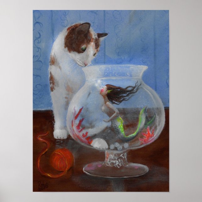 Cat sees a mermaid in a fishbowl! poster (Front)