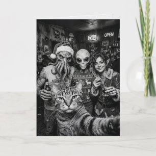 Cat Selfie Bigfoot Alien Christmas Card