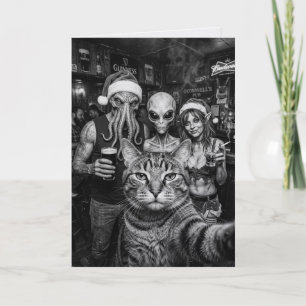Cat Selfie Bigfoot Alien Elf Bar Christmas Card