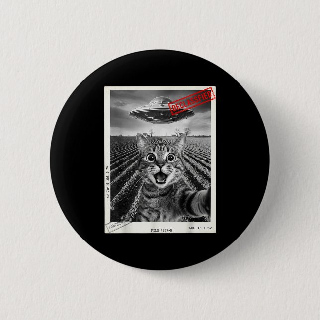 Cat Selfie Ufo Alien Funny Surprised Cat Meme Men  Button (Front)