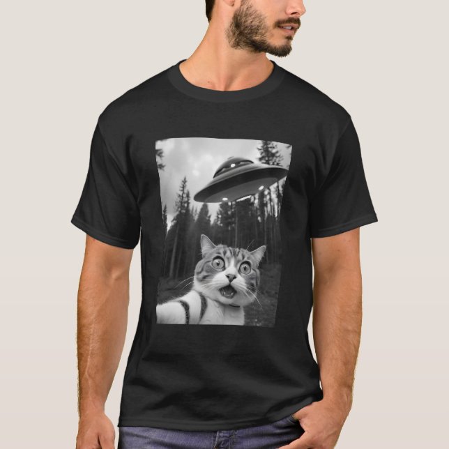 Cat Selfie UFO Tee Funny Alien Abduction Shirt (Front)