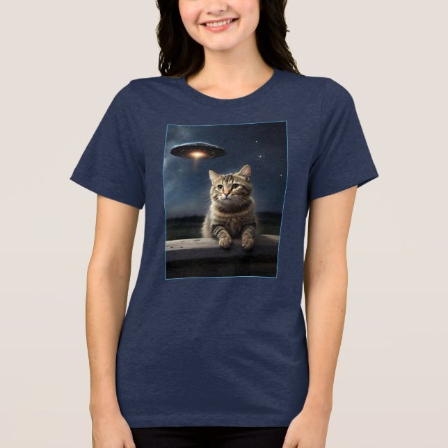 Cat Selfie UFO Tee Womens Funny Alien Shirt (Front)