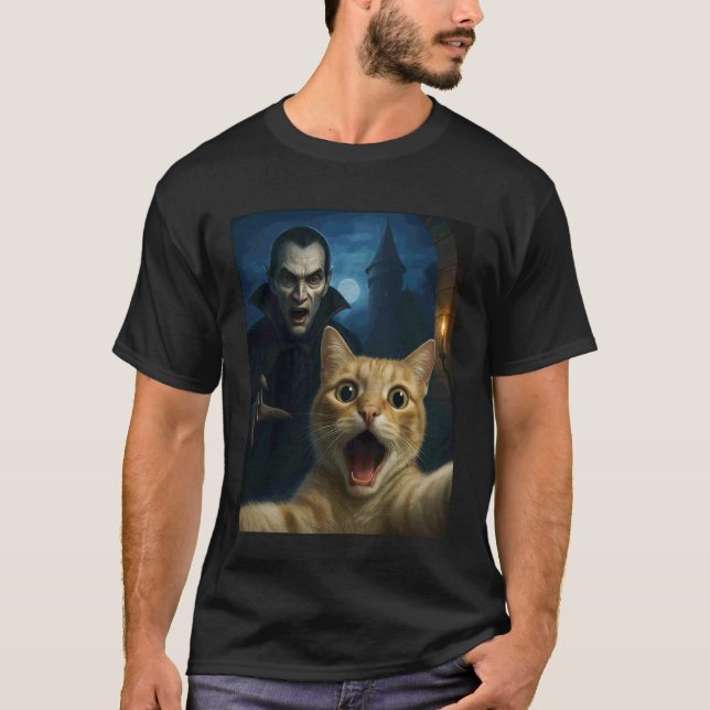 Cat Selfie with a Vampire Funny Cat T-Shirt (Front)