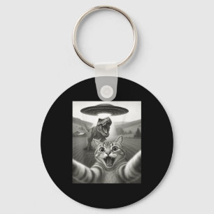Cat Selfie With Alien Ufo & T-rex Dinosaur Fun Keychain