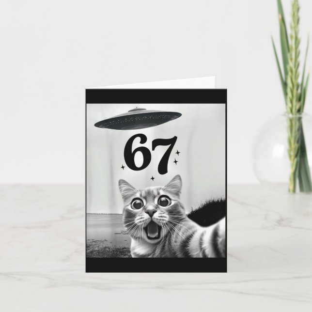 Cat Selfie With Alien Ufo And 67 Funny 6 7 For Men Card (Front)