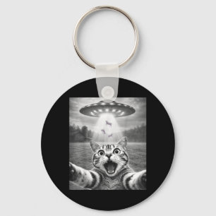 Cat Selfie with Alien UFO Funny Cat for Men Women Keychain