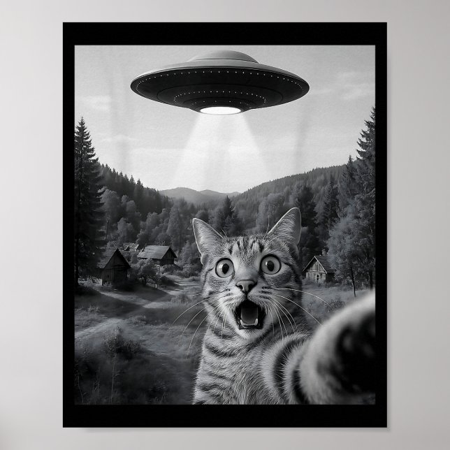 Cat Selfie With Alien Ufo Funny Cat Funny Ed Cat  Poster (Front)