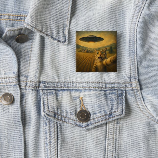 Cat Selfie With Alien UFO Funny Cat Gifts Button (In Situ)