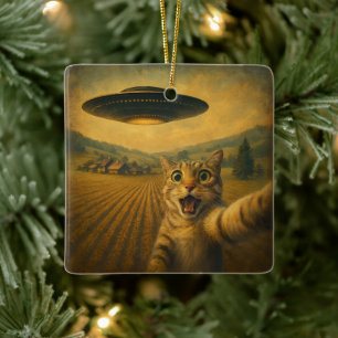 Cat Selfie With Alien UFO Funny Cat Gifts Ceramic Ornament
