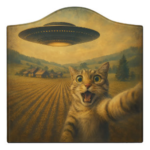 Cat Selfie With Alien UFO Funny Cat Gifts Door Sign