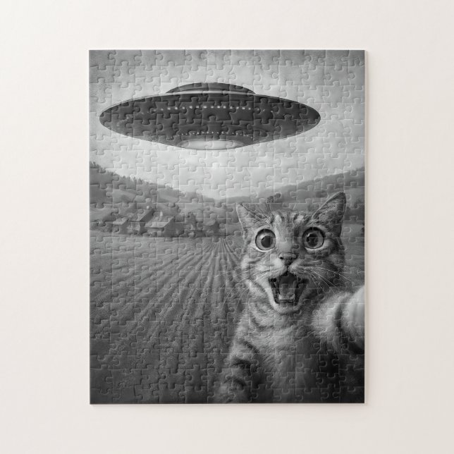 Cat Selfie With Alien UFO Funny Cat Gifts Jigsaw Puzzle (Vertical)