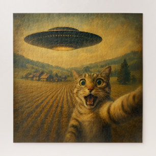 Cat Selfie With Alien UFO Funny Cat Gifts Jigsaw Puzzle