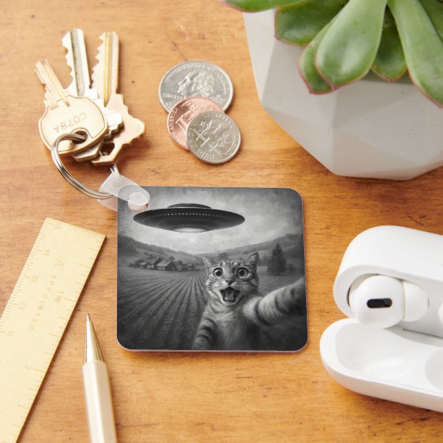 Cat Selfie With Alien UFO Funny Cat Gifts Keychain (Desk)