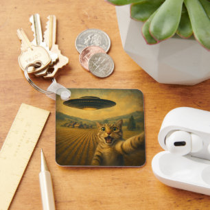 Cat Selfie With Alien UFO Funny Cat Gifts Keychain