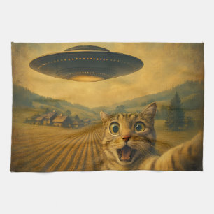 Cat Selfie With Alien UFO Funny Cat Gifts Kitchen Towel