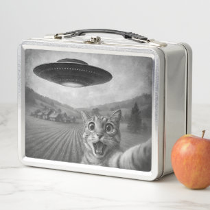 Cat Selfie With Alien UFO Funny Cat Gifts Metal Lunch Box