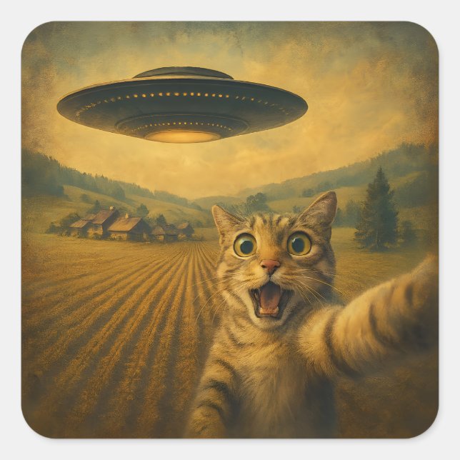Cat Selfie With Alien UFO Funny Cat Gifts Square Sticker (Front)