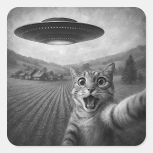 Cat Selfie With Alien UFO Funny Cat Gifts Square Sticker