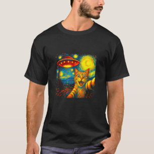 Cat Selfie With Alien UFO Funny Starry Night Van G T-Shirt