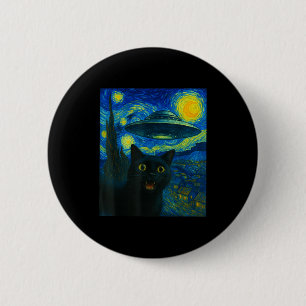 Cat Selfie With Alien Ufo Night Van Gogh Men Women Button