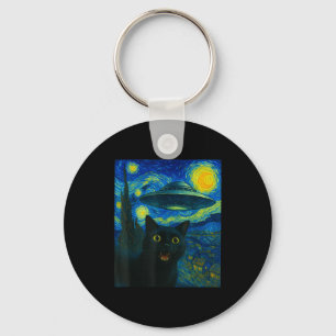 Cat Selfie With Alien Ufo Night Van Gogh Men Women Keychain