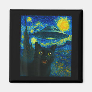Cat Selfie With Alien Ufo Night Van Gogh Men Women Magnet