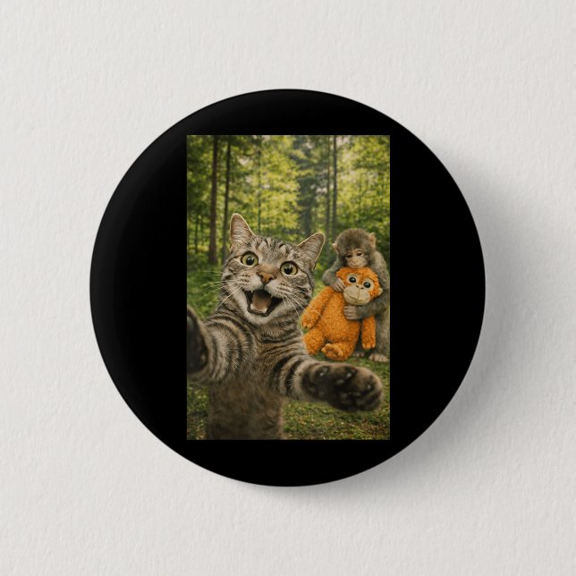 Cat Selfie with Baby Monkey Funny Photo Animal Button (Front)
