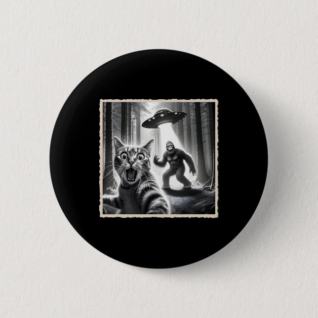 Cat Selfie With Bigfoot And Ufo Funny Sasquatch Ca Button (Front)