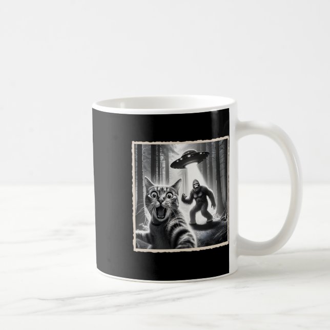 Cat Selfie With Bigfoot And Ufo Funny Sasquatch Ca Coffee Mug (Right)