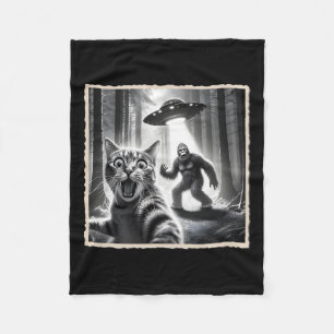 Cat Selfie With Bigfoot And Ufo Funny Sasquatch Ca Fleece Blanket