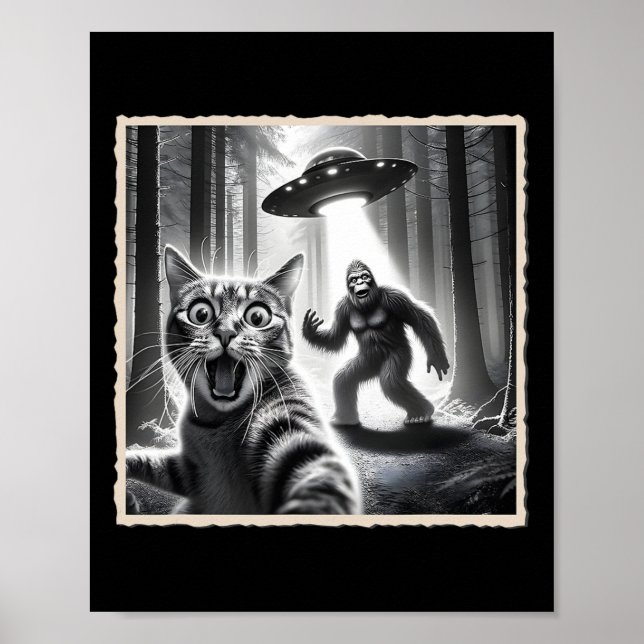 Cat Selfie With Bigfoot And Ufo Funny Sasquatch Ca Poster (Front)