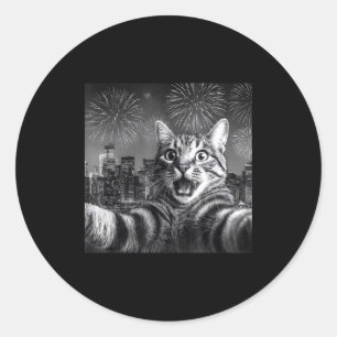 Cat Selfie With Firework In The City Funny Happy N Classic Round Sticker