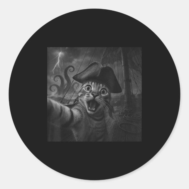Cat Selfie With Kraken Octopus Funny Meme Men Wome Classic Round Sticker (Front)