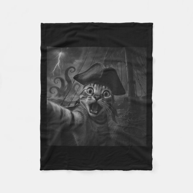 Cat Selfie With Kraken Octopus Funny Meme Men Wome Fleece Blanket (Front)