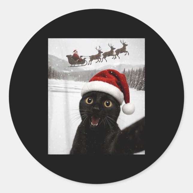 Cat Selfie With Santa Funny Black Cat Christmas Me Classic Round Sticker (Front)