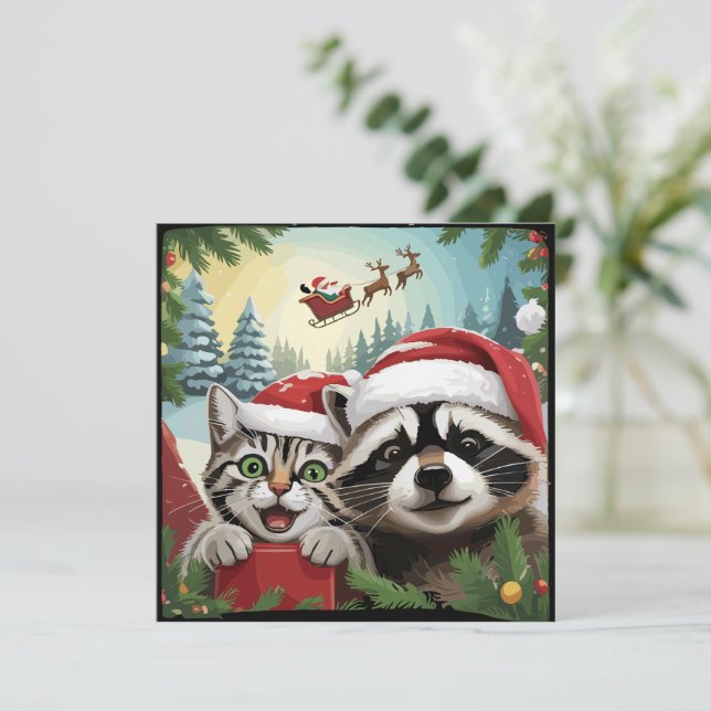 Cat Selfie With Santa's Sleigh Weird Raccoon Xmas Holiday Card (Standing Front)